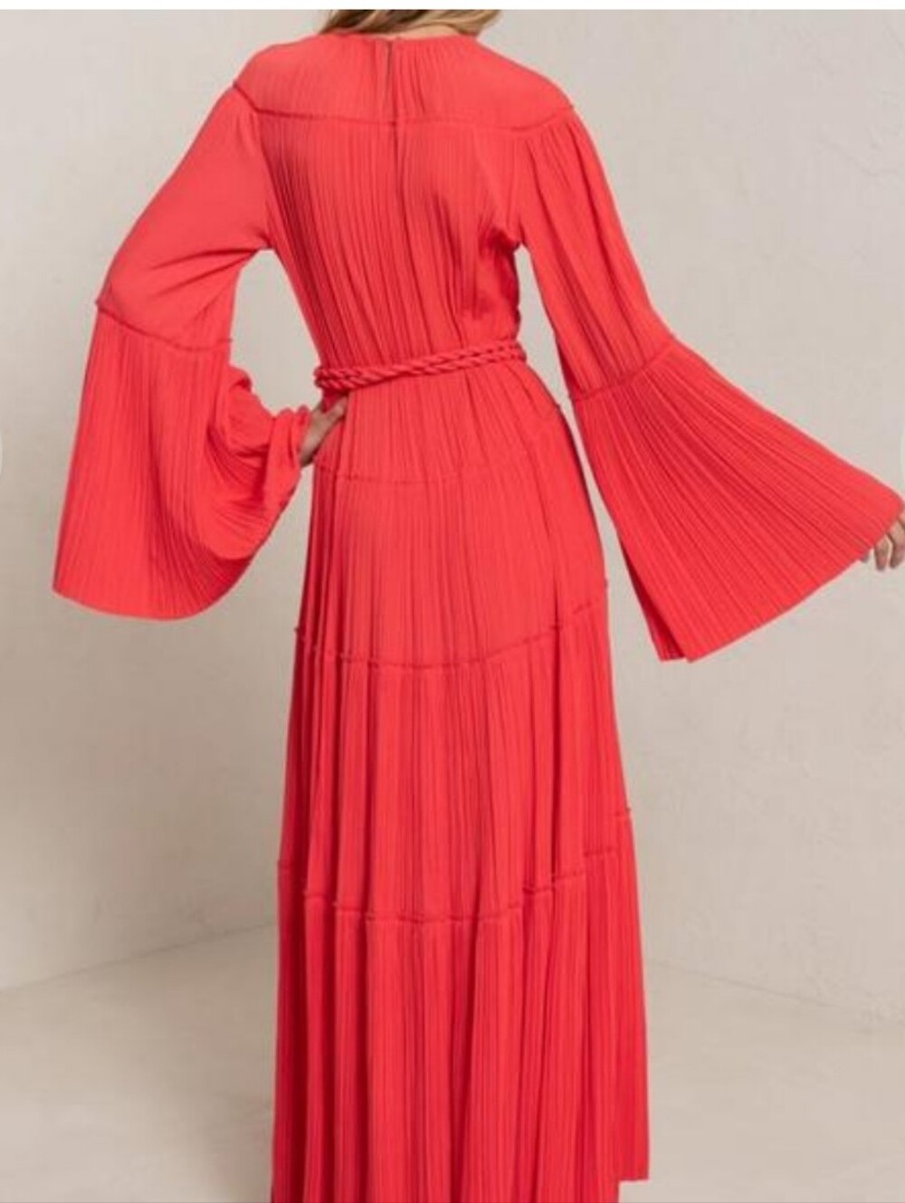 A.L.C. Coral Red Pleated Maxi Dress with Braided Waist